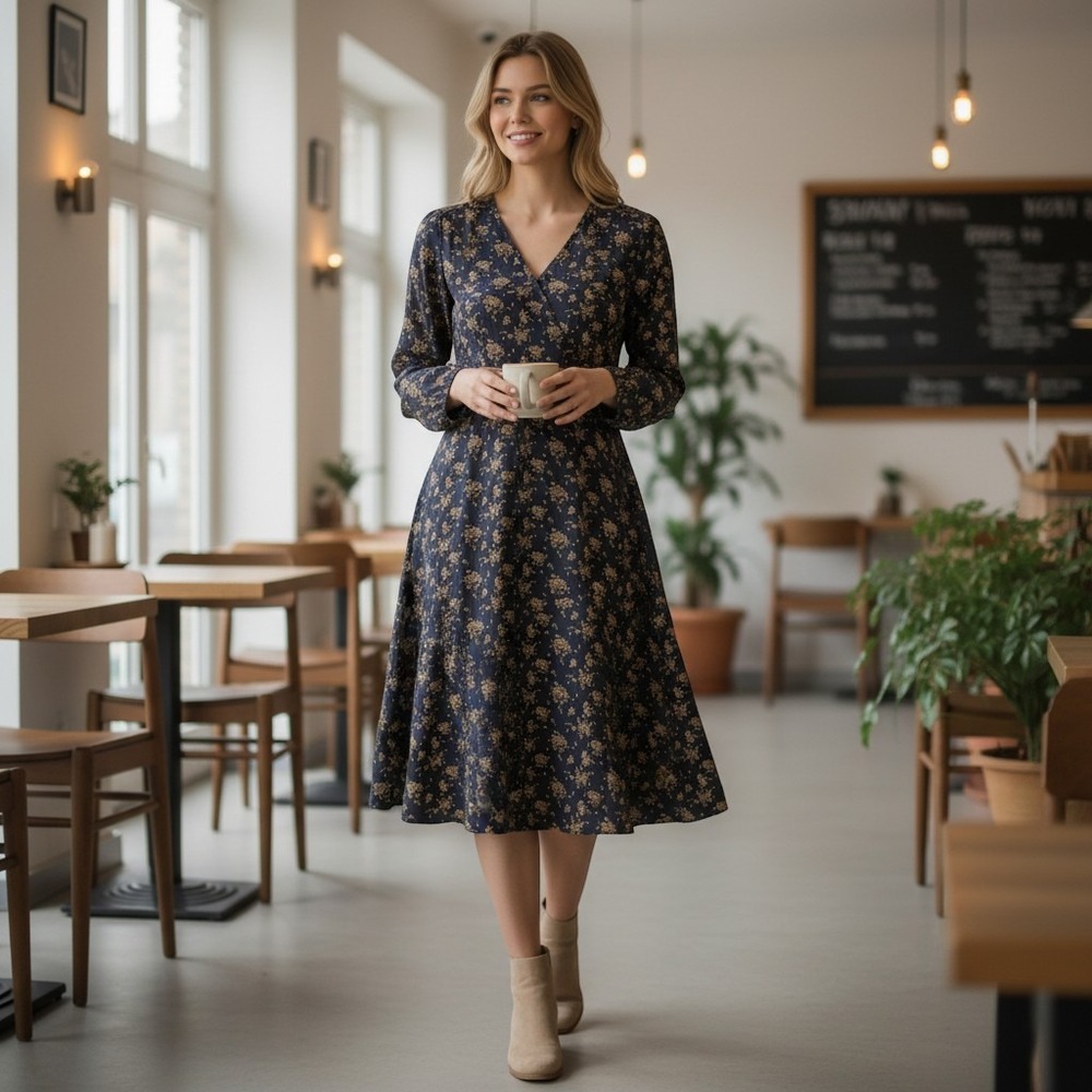 Universal Thread Navy Floral V-Neck Midi Dress Long Sleeve NWT Size M